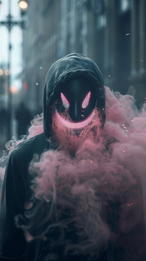 A boy wearing black hoodie with glowing neon smile face mask, surrounded by pink smoke and blue light in the dark background (114)