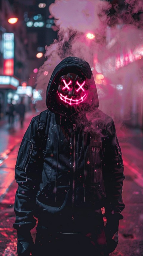 A boy wearing black hoodie with glowing neon smile face mask, surrounded by pink smoke and blue light in the dark background (135)