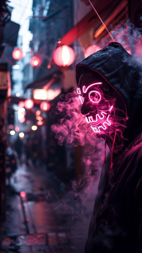 A boy wearing black hoodie with glowing neon smile face mask, surrounded by pink smoke and blue light in the dark background (112)