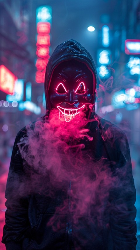 A boy wearing black hoodie with glowing neon smile face mask, surrounded by pink smoke and blue light in the dark background (147)