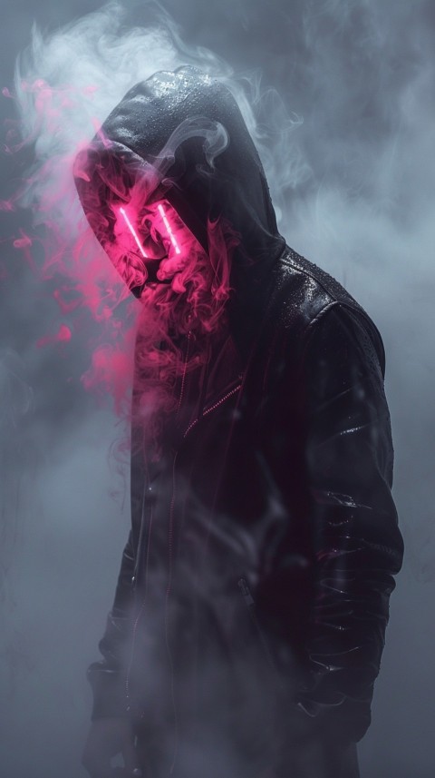 A boy wearing black hoodie with glowing neon smile face mask, surrounded by pink smoke and blue light in the dark background (119)