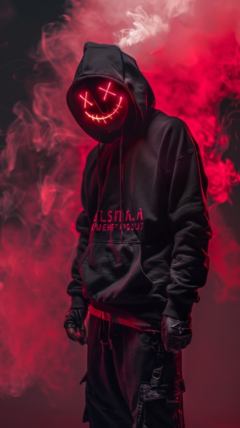 A boy wearing black hoodie with glowing neon smile face mask, surrounded by pink smoke and blue light in the dark background (115)
