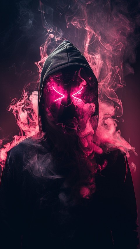 A boy wearing black hoodie with glowing neon smile face mask, surrounded by pink smoke and blue light in the dark background (113)