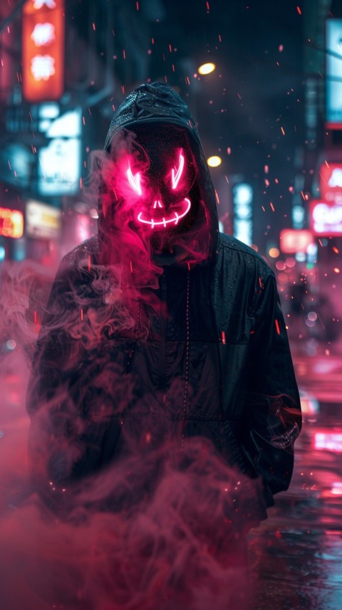 A boy wearing black hoodie with glowing neon smile face mask, surrounded by pink smoke and blue light in the dark background (144)