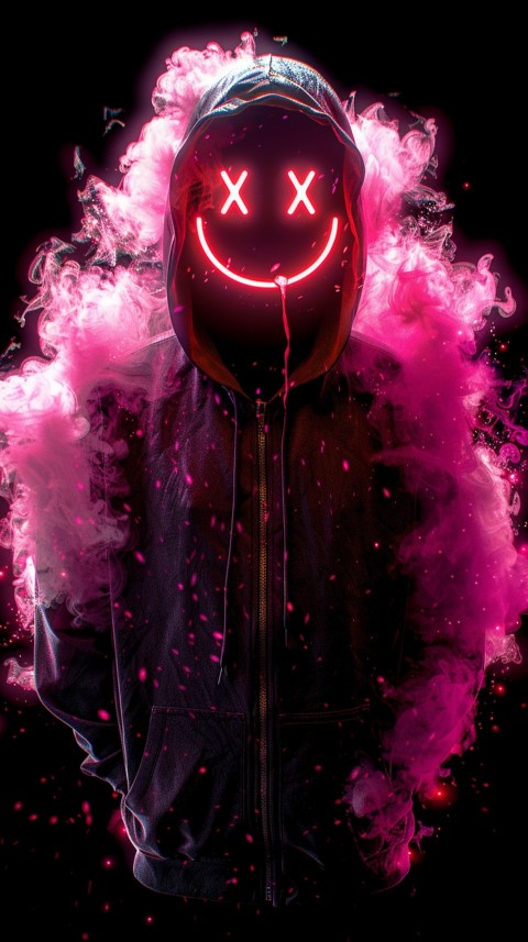 A boy wearing black hoodie with glowing neon smile face mask, surrounded by pink smoke and blue light in the dark background (149)