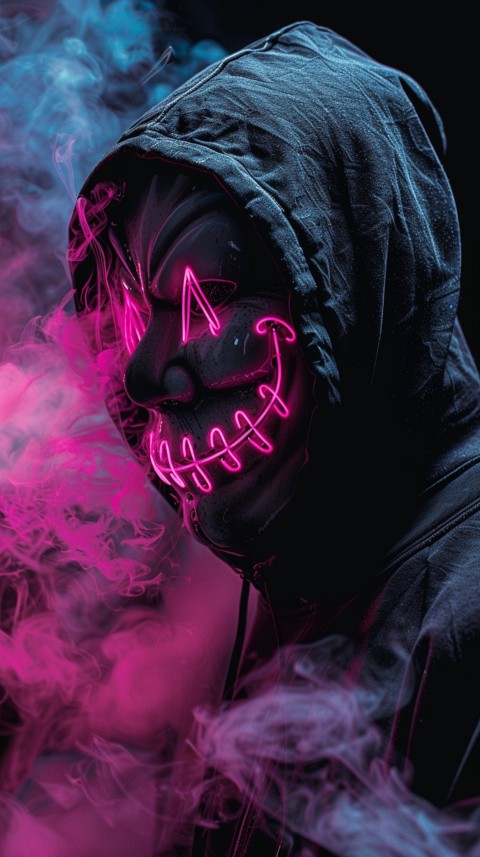 A boy wearing black hoodie with glowing neon smile face mask, surrounded by pink smoke and blue light in the dark background (128)