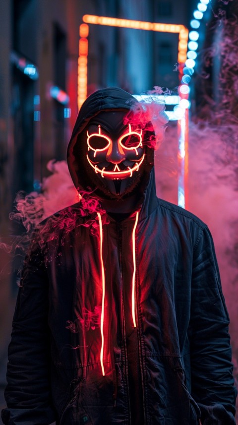 A boy wearing black hoodie with glowing neon smile face mask, surrounded by pink smoke and blue light in the dark background (127)