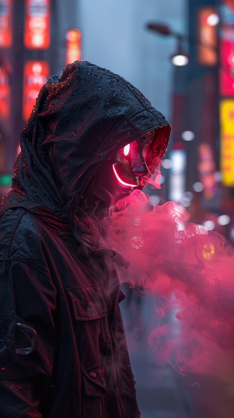 A boy wearing black hoodie with glowing neon smile face mask, surrounded by pink smoke and blue light in the dark background (104)