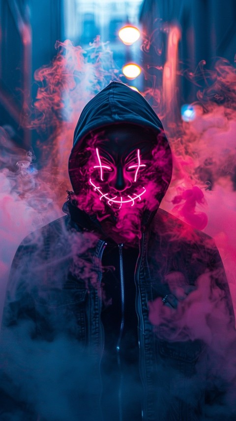 A boy wearing black hoodie with glowing neon smile face mask, surrounded by pink smoke and blue light in the dark background (121)