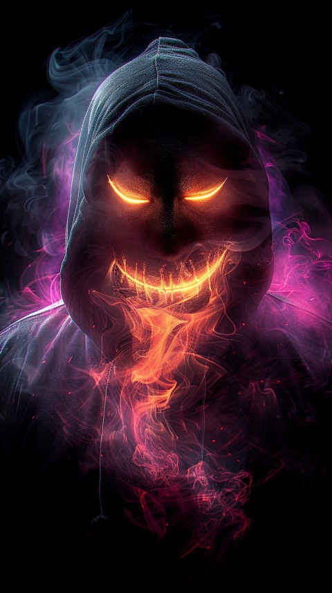 A boy wearing black hoodie with glowing neon smile face mask, surrounded by pink smoke and blue light in the dark background (148)