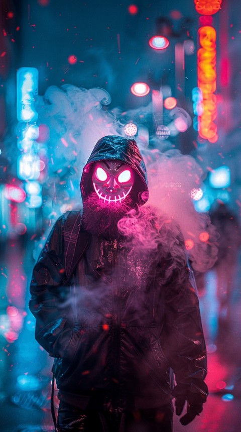 A boy wearing black hoodie with glowing neon smile face mask, surrounded by pink smoke and blue light in the dark background (116)