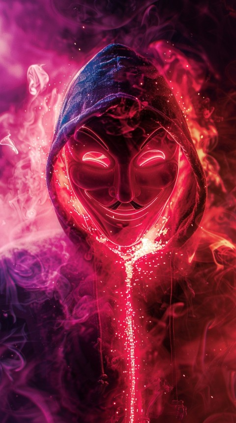A boy wearing black hoodie with glowing neon smile face mask, surrounded by pink smoke and blue light in the dark background (110)