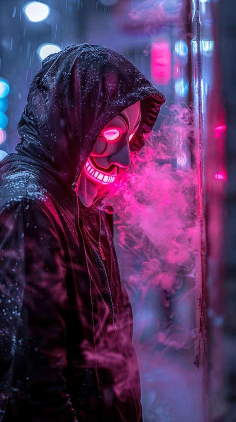 A boy wearing black hoodie with glowing neon smile face mask, surrounded by pink smoke and blue light in the dark background (143)