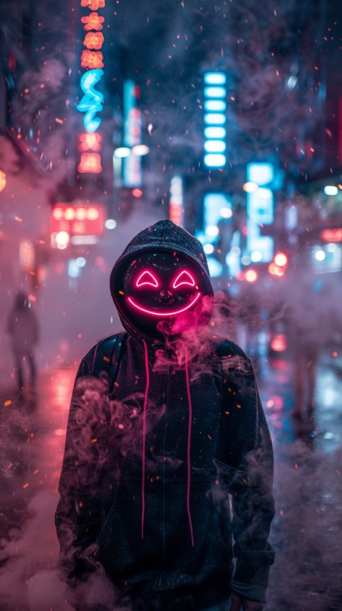 A boy wearing black hoodie with glowing neon smile face mask, surrounded by pink smoke and blue light in the dark background (120)