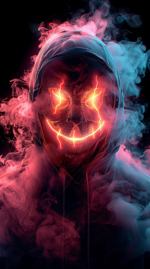 A boy wearing black hoodie with glowing neon smile face mask, surrounded by pink smoke and blue light in the dark background (130)