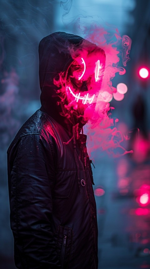 A boy wearing black hoodie with glowing neon smile face mask, surrounded by pink smoke and blue light in the dark background (200)