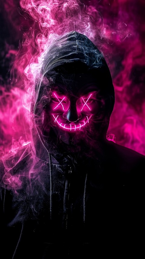 A boy wearing black hoodie with glowing neon smile face mask, surrounded by pink smoke and blue light in the dark background (194)