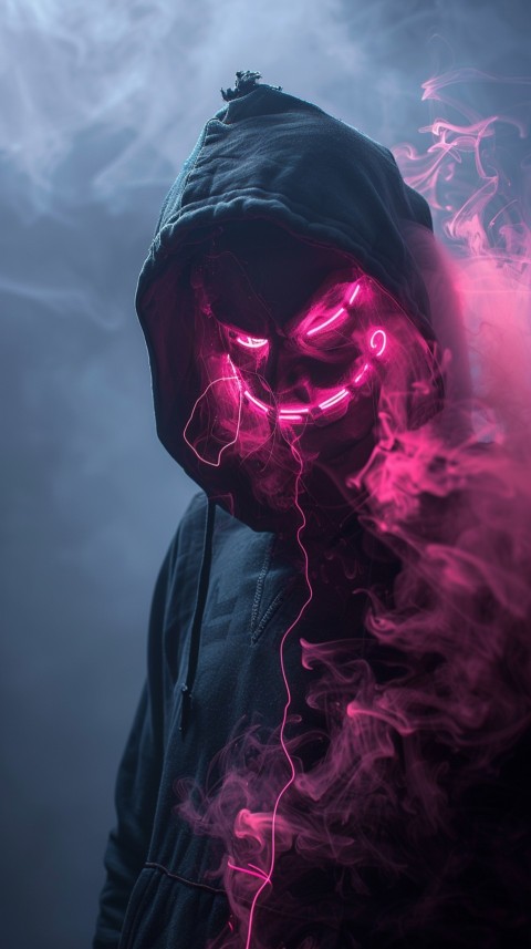A boy wearing black hoodie with glowing neon smile face mask, surrounded by pink smoke and blue light in the dark background (158)