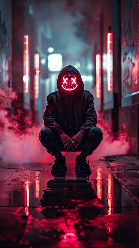 A boy wearing black hoodie with glowing neon smile face mask, surrounded by pink smoke and blue light in the dark background (167)