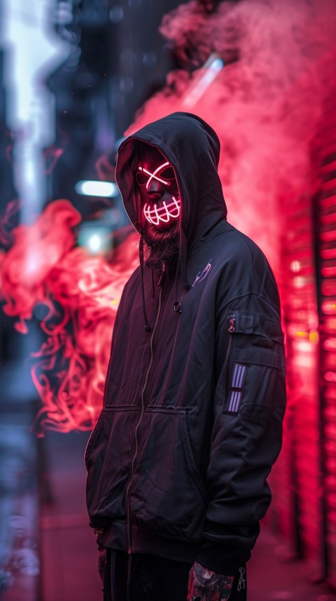 A boy wearing black hoodie with glowing neon smile face mask, surrounded by pink smoke and blue light in the dark background (157)