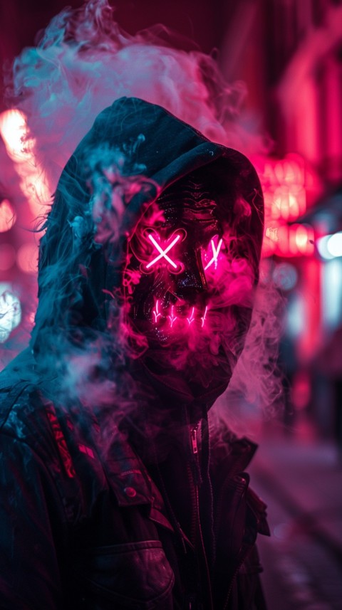 A boy wearing black hoodie with glowing neon smile face mask, surrounded by pink smoke and blue light in the dark background (175)