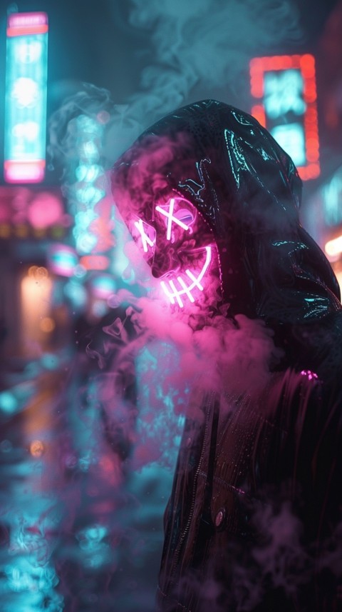 A boy wearing black hoodie with glowing neon smile face mask, surrounded by pink smoke and blue light in the dark background (181)