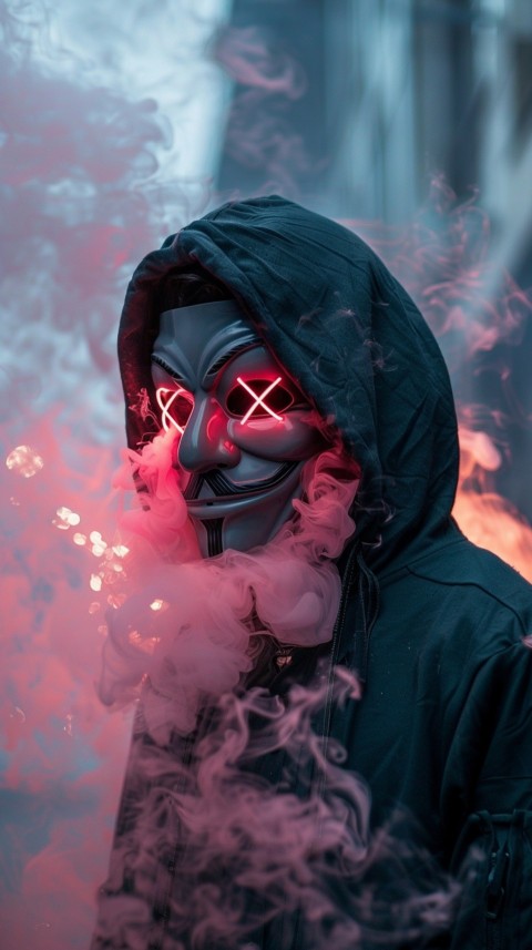 A boy wearing black hoodie with glowing neon smile face mask, surrounded by pink smoke and blue light in the dark background (192)