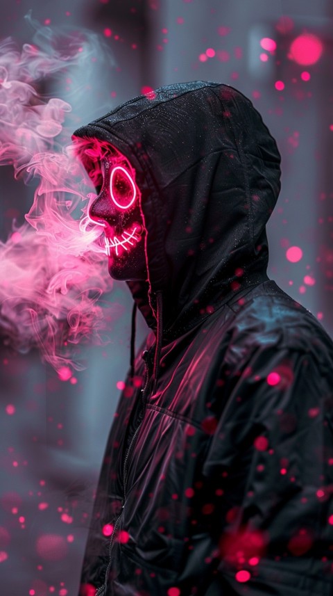 A boy wearing black hoodie with glowing neon smile face mask, surrounded by pink smoke and blue light in the dark background (185)