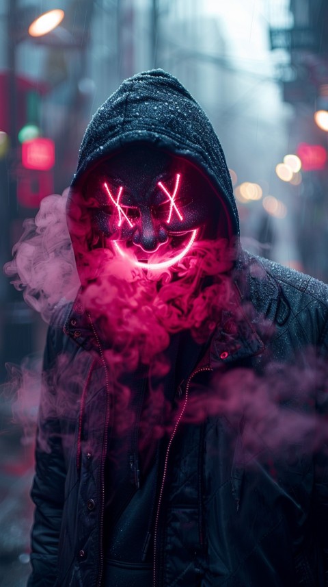 A boy wearing black hoodie with glowing neon smile face mask, surrounded by pink smoke and blue light in the dark background (197)