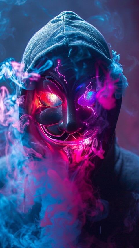 A boy wearing black hoodie with glowing neon smile face mask, surrounded by pink smoke and blue light in the dark background (179)