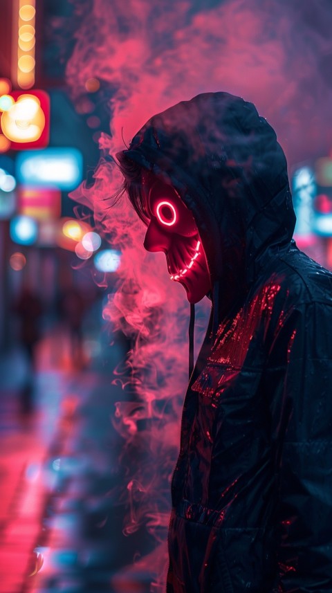 A boy wearing black hoodie with glowing neon smile face mask, surrounded by pink smoke and blue light in the dark background (178)
