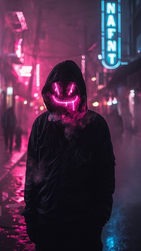 A boy wearing black hoodie with glowing neon smile face mask, surrounded by pink smoke and blue light in the dark background (184)