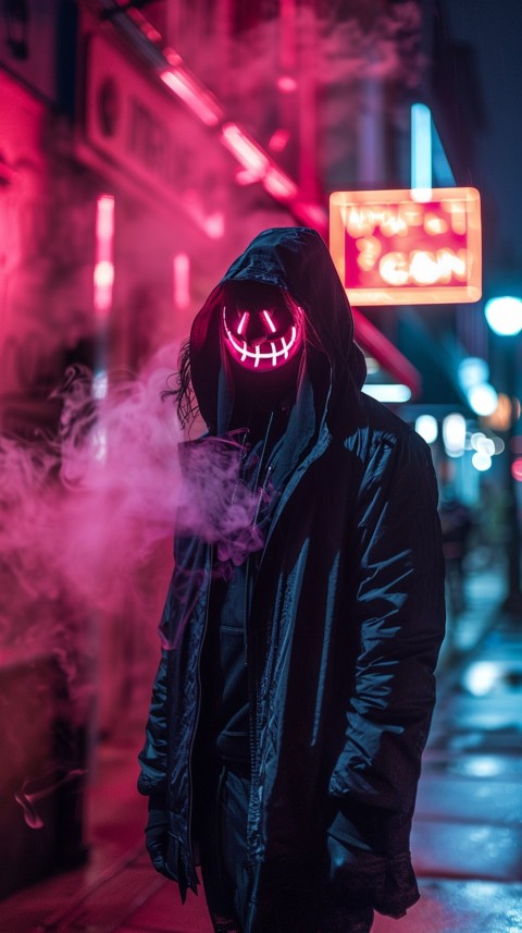 A boy wearing black hoodie with glowing neon smile face mask, surrounded by pink smoke and blue light in the dark background (180)