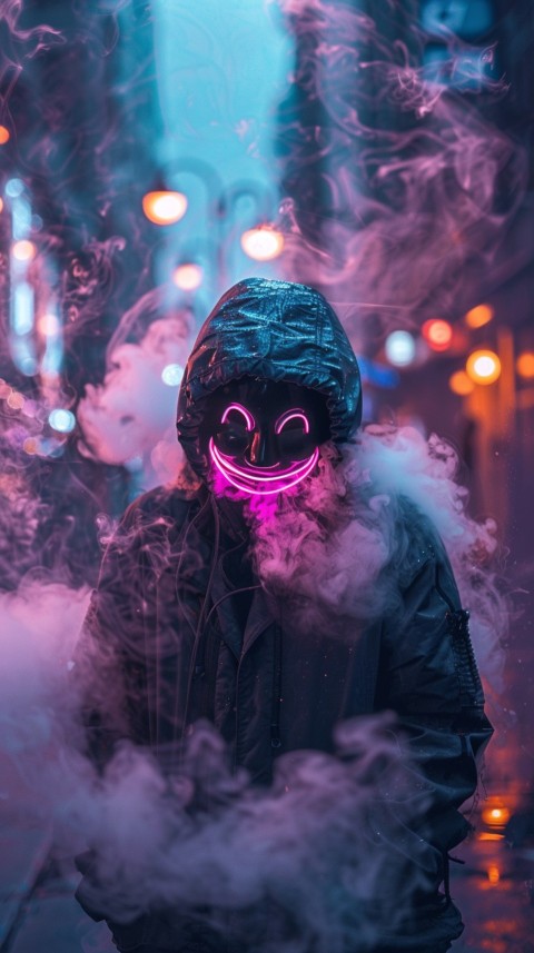 A boy wearing black hoodie with glowing neon smile face mask, surrounded by pink smoke and blue light in the dark background (151)