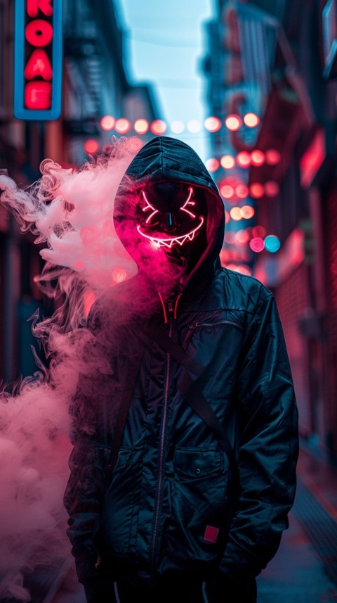 A boy wearing black hoodie with glowing neon smile face mask, surrounded by pink smoke and blue light in the dark background (155)