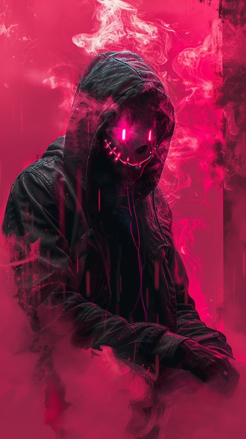 A boy wearing black hoodie with glowing neon smile face mask, surrounded by pink smoke and blue light in the dark background (156)