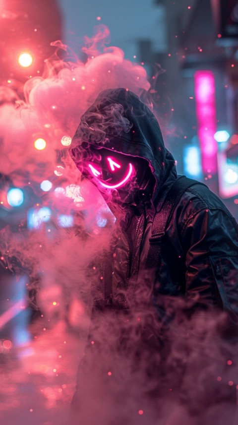 A boy wearing black hoodie with glowing neon smile face mask, surrounded by pink smoke and blue light in the dark background (186)