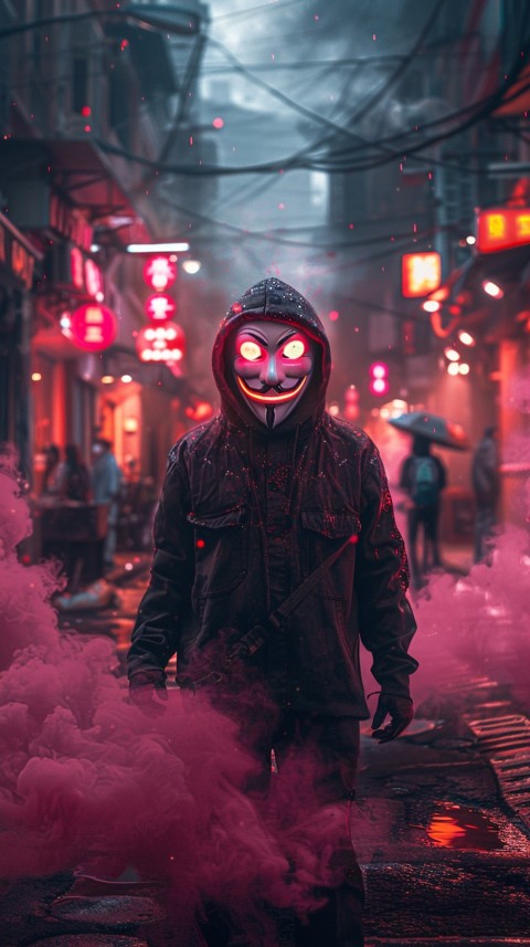 A boy wearing black hoodie with glowing neon smile face mask, surrounded by pink smoke and blue light in the dark background (161)