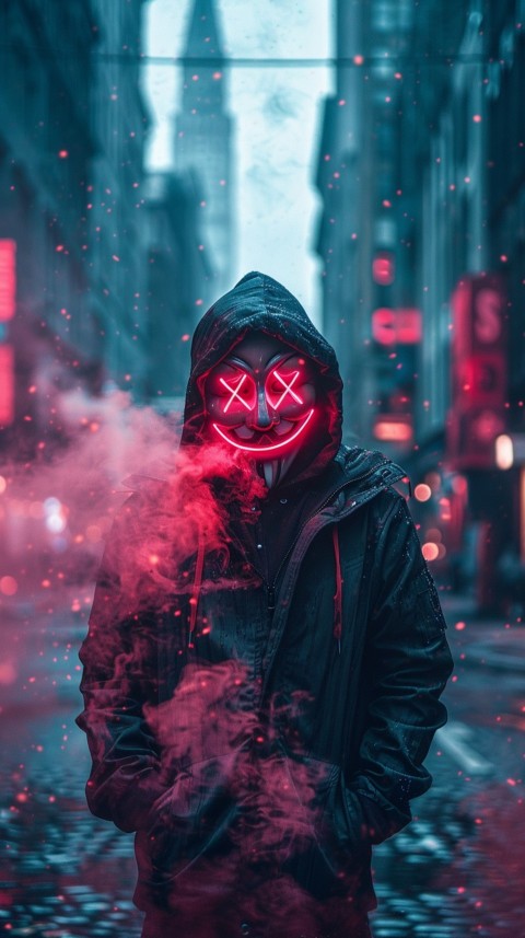 A boy wearing black hoodie with glowing neon smile face mask, surrounded by pink smoke and blue light in the dark background (195)