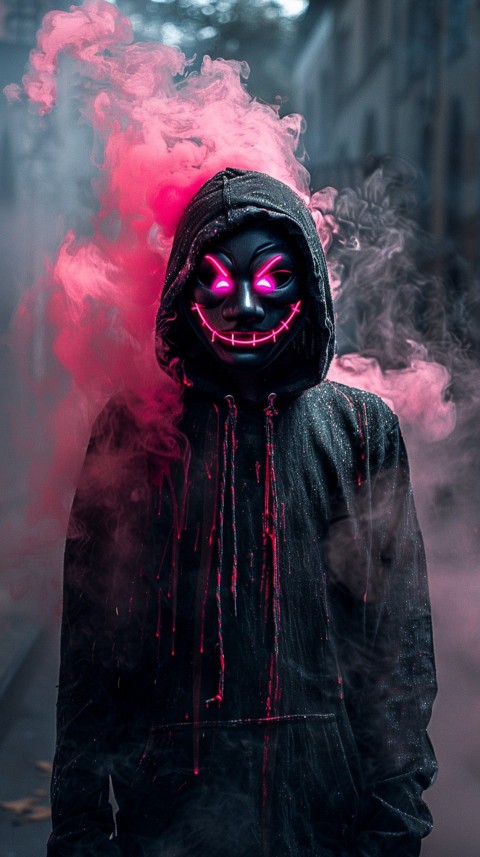 A boy wearing black hoodie with glowing neon smile face mask, surrounded by pink smoke and blue light in the dark background (162)