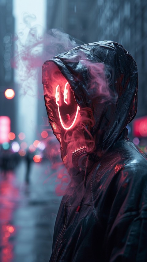 A boy wearing black hoodie with glowing neon smile face mask, surrounded by pink smoke and blue light in the dark background (199)