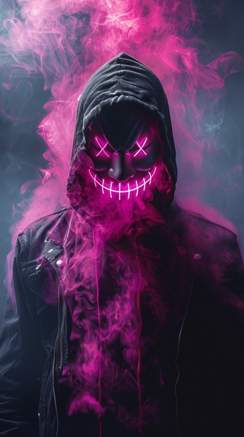 A boy wearing black hoodie with glowing neon smile face mask, surrounded by pink smoke and blue light in the dark background (168)