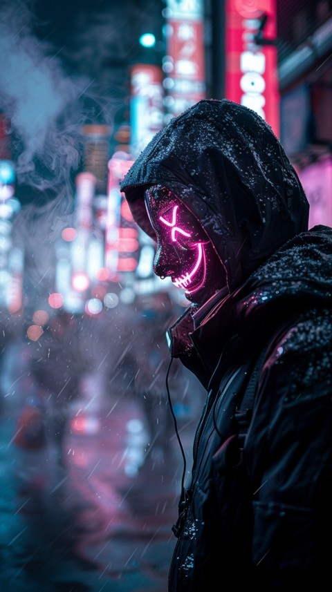 A boy wearing black hoodie with glowing neon smile face mask, surrounded by pink smoke and blue light in the dark background (188)