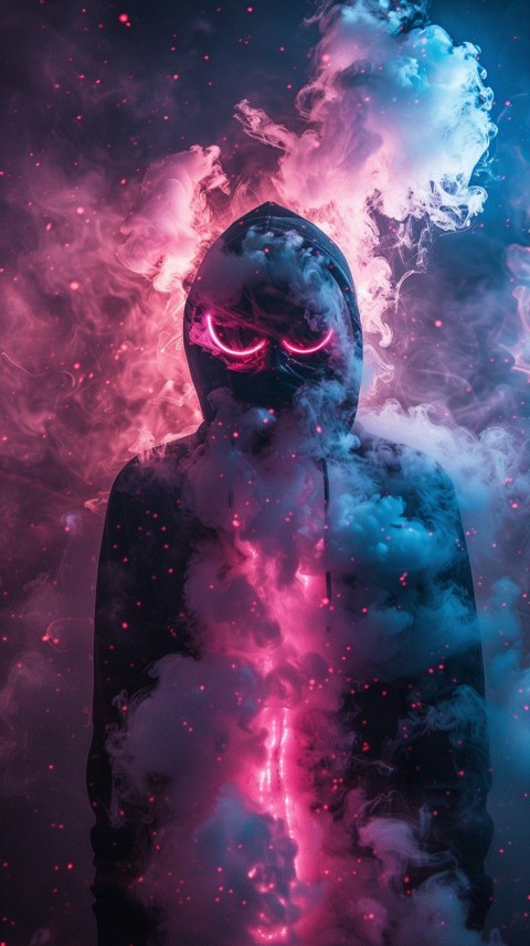 A boy wearing black hoodie with glowing neon smile face mask, surrounded by pink smoke and blue light in the dark background (173)