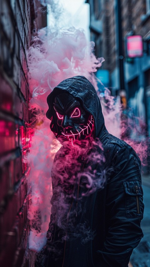 A boy wearing black hoodie with glowing neon smile face mask, surrounded by pink smoke and blue light in the dark background (166)