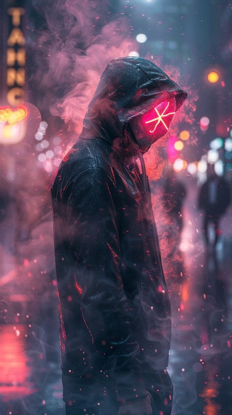 A boy wearing black hoodie with glowing neon smile face mask, surrounded by pink smoke and blue light in the dark background (183)
