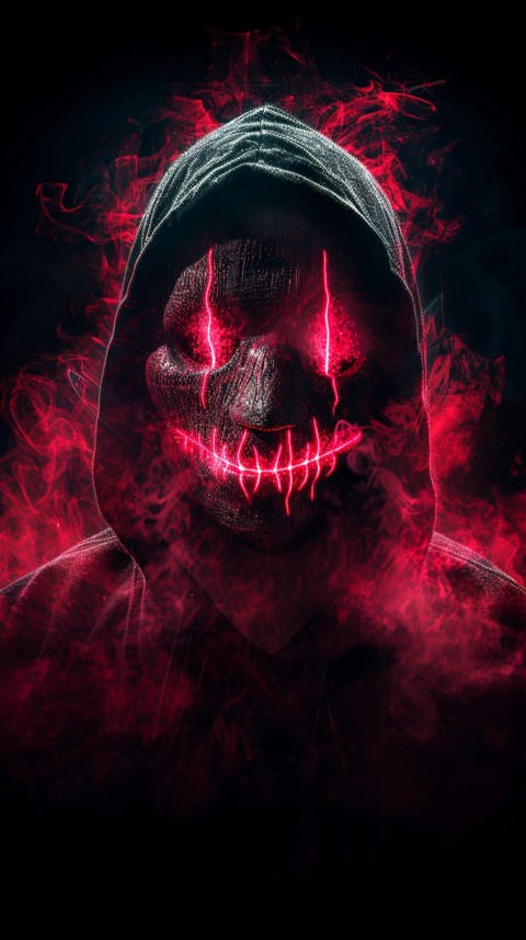 A boy wearing black hoodie with glowing neon smile face mask, surrounded by pink smoke and blue light in the dark background (215)