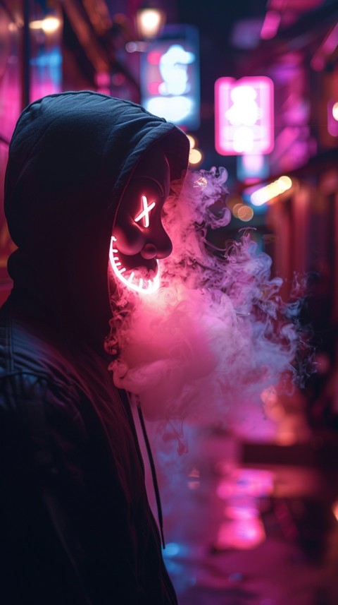 A boy wearing black hoodie with glowing neon smile face mask, surrounded by pink smoke and blue light in the dark background (238)