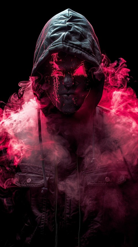 A boy wearing black hoodie with glowing neon smile face mask, surrounded by pink smoke and blue light in the dark background (227)