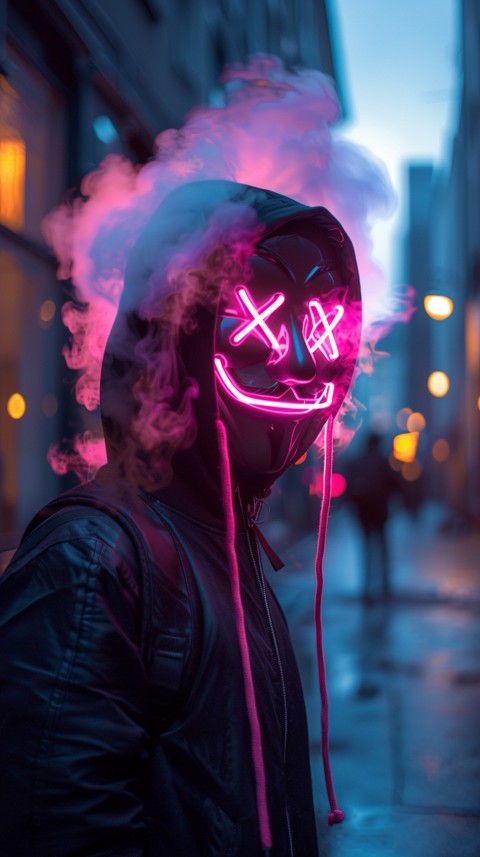 A boy wearing black hoodie with glowing neon smile face mask, surrounded by pink smoke and blue light in the dark background (229)